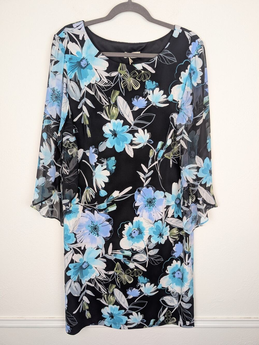 Bellambra Dress Floral Garden Party Romantic Sheer Sleeve Blue Black NWT Size S